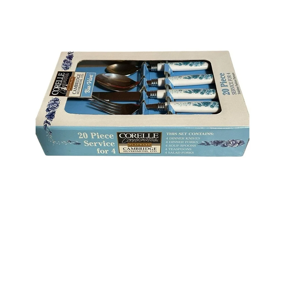 20pc Corelle BLUE VELVET ROSES Cambridge Silversmiths Stainless FLATWARE Set NEW